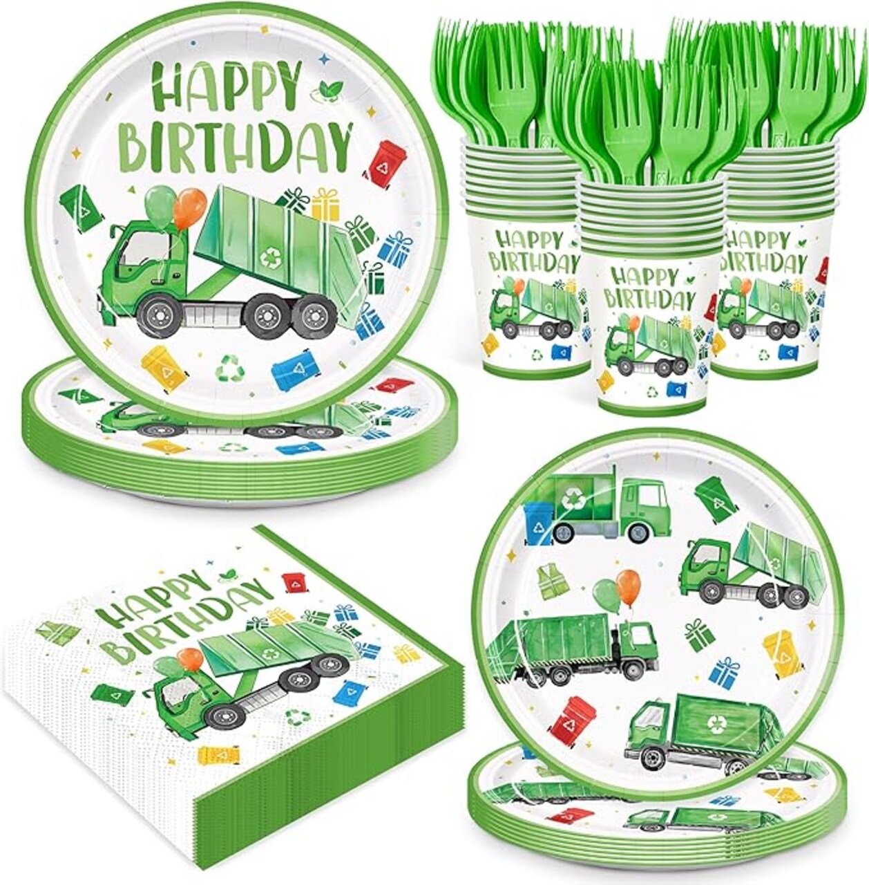 120pcs Garbage Truck Birthday Party Decorations Trash Truck Plates Napkins Green Forks Disposable Tableware Set Waste Management Recycling Rubbish Truck Birthday Party Supplies Serve 24 Guests